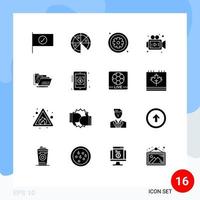 grupo de 16 signos y símbolos de glifos sólidos para elementos de diseño de vectores editables de medios de archivos sanitarios de carpetas seguras