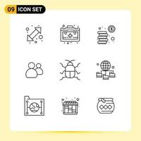 9 Universal Outlines Set for Web and Mobile Applications insect biology coins team group Editable Vector Design Elements