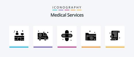 paquete de iconos de glifo 5 de servicios médicos que incluye. prescripción. médico. informe médico. médico. diseño de iconos creativos vector