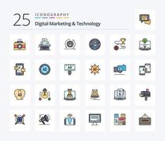 paquete de iconos rellenos de 25 líneas de marketing digital y tecnología que incluye destino. marketing. regresando digital. peturning vector