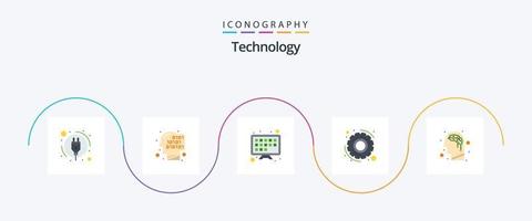 paquete de iconos de 5 planos de tecnología que incluye . inteligencia. Televisión inteligente. cerebro. ajustes vector