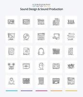 diseño de sonido creativo y producción de sonido 25 paquete de iconos de contorno como lámpara. amplificador. música. estudio. monitor vector