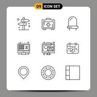 Set of 9 Modern UI Icons Symbols Signs for newsletter email light digital laptop Editable Vector Design Elements