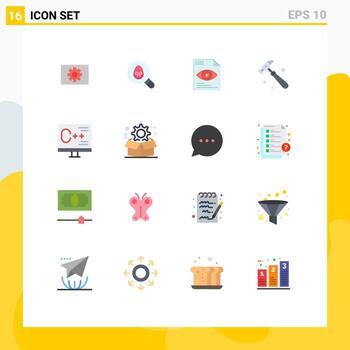 conjunto moderno de 16 colores planos y símbolos como desarrollar herramienta de archivo de codificación martillo paquete editable de elementos creativos de diseño de vectores