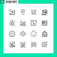 16 Universal Outlines Set for Web and Mobile Applications notification alarm cube bug laptop Editable Vector Design Elements