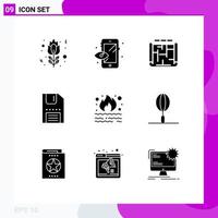 Pictogram Set of 9 Simple Solid Glyphs of fire save blueprint interface download Editable Vector Design Elements