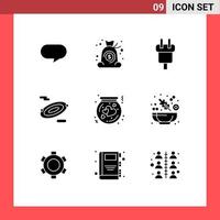 Modern Set of 9 Solid Glyphs Pictograph of heart bottle connector space rotation Editable Vector Design Elements