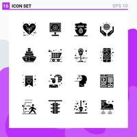 Set of 16 Commercial Solid Glyphs pack for cruise save the world print protect security Editable Vector Design Elements