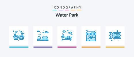 parque acuático azul 5 paquete de iconos que incluye. agua. cama solar. boleto. parque. diseño de iconos creativos vector