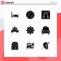 User Interface Pack of 9 Basic Solid Glyphs of sedans setting contact us multimedia mask Editable Vector Design Elements