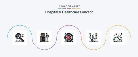 la línea de concepto de hospital y atención médica llenó un paquete de iconos planos 5 que incluye servicios médicos. cuidado de la salud. salud. salud. termómetro vector