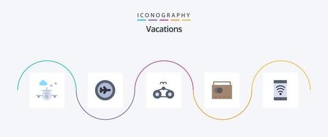 Paquete de 5 iconos de vacaciones planas que incluye. playa. Wifi. móvil vector