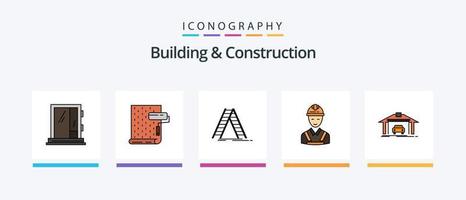 la línea de construcción y construcción llenó el paquete de 5 íconos, incluido el edificio. transportación. reparar. transporte. Envío. diseño de iconos creativos vector