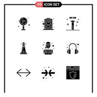 Set of 9 Vector Solid Glyphs on Grid for construction worker beach chemistry light lighthouse Editable Vector Design Elements