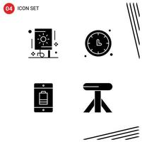 Set of 4 Vector Solid Glyphs on Grid for celebration battery party time keeper device Editable Vector Design Elements