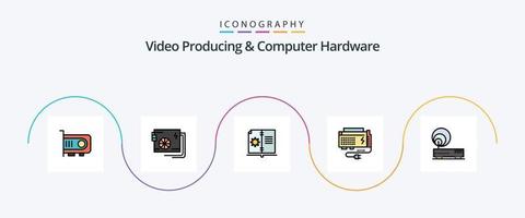 la producción de video y la línea de hardware de la computadora llenaron el paquete de iconos planos 5 que incluye la fuente. computadora. suministrar. batería. instrucción vector