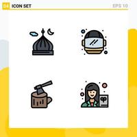 Mobile Interface Filledline Flat Color Set of 4 Pictograms of mosque log moon helmet wood Editable Vector Design Elements
