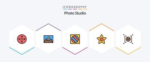 Photo Studio 25 FilledLine icon pack including lens. camera. full shadow. studio. star vector