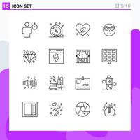 16 signos de contorno universal símbolos de emoji de viaje de amor de usuario guardar elementos de diseño vectorial editables vector