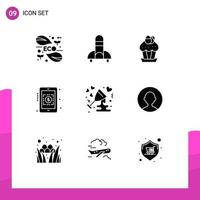 Set of 9 Vector Solid Glyphs on Grid for anniversary currency rates space banking food Editable Vector Design Elements