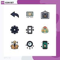 Pack of 9 Modern Filledline Flat Colors Signs and Symbols for Web Print Media such as connect signal party phone media player Editable Vector Design Elements