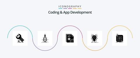 Coding And App Development Glyph 5 Icon Pack Including spider. bug. refinement. software. coding vector