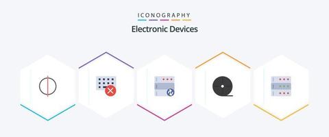 paquete de iconos planos de 25 dispositivos que incluye servidor. datos. base de datos. tecnología. película vector