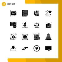 Modern Set of 16 Solid Glyphs Pictograph of star comet report asteroid mosque Editable Vector Design Elements