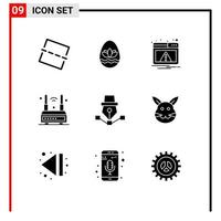 Modern Set of 9 Solid Glyphs Pictograph of drawing wireless alert wifi router Editable Vector Design Elements