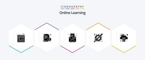 Online Learning 25 Glyph icon pack including education. learning apps. letter. education apps. apps vector