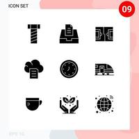 Pack of 9 creative Solid Glyphs of station time soccer clock alarm Editable Vector Design Elements