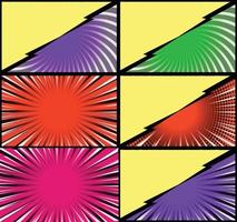 Comic book colorful frames background with halftone rays radial and dotted effects pop art style vector