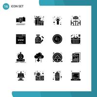 Mobile Interface Solid Glyph Set of 16 Pictograms of online furniture arrows dinner beach Editable Vector Design Elements