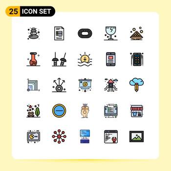 conjunto de color plano de línea llena de interfaz móvil de 25 pictogramas de pista de postre de placa que envía elementos de diseño de vector editables frágiles