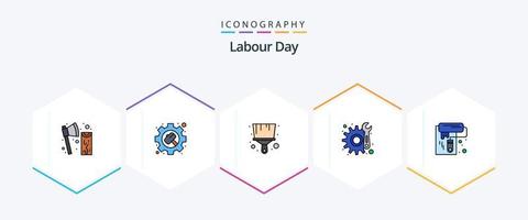 Labour Day 25 FilledLine icon pack including roller. wall paint. settings. repair. gear vector