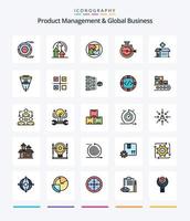 gestión creativa de productos y paquete de iconos rellenos de 25 líneas de negocios globales, como cronómetro. mejoramiento. producto. administración. solución vector