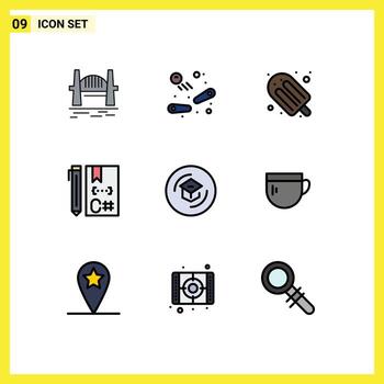 conjunto moderno de 9 colores planos de línea de relleno pictografía de desarrollo codificación código de reproducción helado elementos de diseño vectorial editables vector