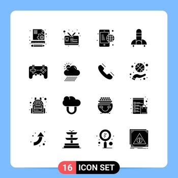 paquete de glifos sólidos de 16 símbolos universales de dispositivo de joystick controlador global nave elementos de diseño vectorial editables vector