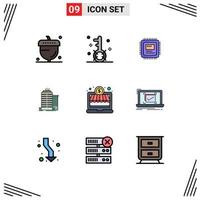 Set of 9 Modern UI Icons Symbols Signs for top skyscaper optimization building computer Editable Vector Design Elements