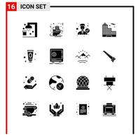 Group of 16 Solid Glyphs Signs and Symbols for beauty city sledge building office Editable Vector Design Elements