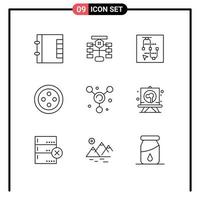 Pack of 9 creative Outlines of drawing molecule mouse atom sew Editable Vector Design Elements