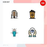 Pack of 4 Modern Filledline Flat Colors Signs and Symbols for Web Print Media such as building man hostel mug target Editable Vector Design Elements