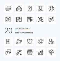 Paquete de 20 iconos de línea web y redes sociales como emoticon feliz hombre vector