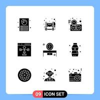 Group of 9 Solid Glyphs Signs and Symbols for beauty table programming investment flowchart develop Editable Vector Design Elements