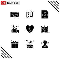 Pack of 9 Modern Solid Glyphs Signs and Symbols for Web Print Media such as heart wedding love sign video love Editable Vector Design Elements