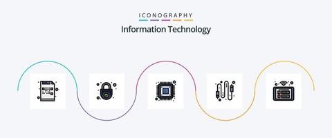 la línea de tecnología de la información llenó el paquete de iconos planos 5 que incluye la computadora. audio. seguro. hardware. dispositivo vector