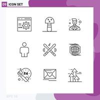 Universal Icon Symbols Group of 9 Modern Outlines of sticks instrument attorney drum body Editable Vector Design Elements