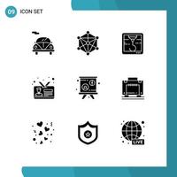 9 User Interface Solid Glyph Pack of modern Signs and Symbols of hotel lecture hock blackboard id card Editable Vector Design Elements