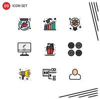 Mobile Interface Filledline Flat Color Set of 9 Pictograms of device computer downfall light bulb idea Editable Vector Design Elements