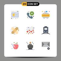 Pictogram Set of 9 Simple Flat Colors of honeymoon hanging wedding telephone first aid band aid Editable Vector Design Elements